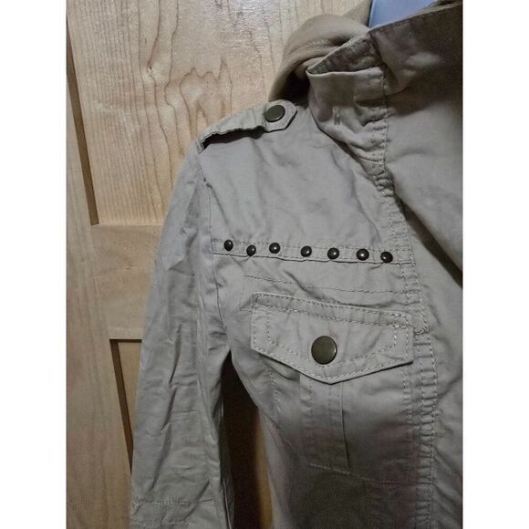 Womens Beige Utility Jacket Hood Snap Buttons Stud Detail Lightweight Casual S - Picture 7 of 16